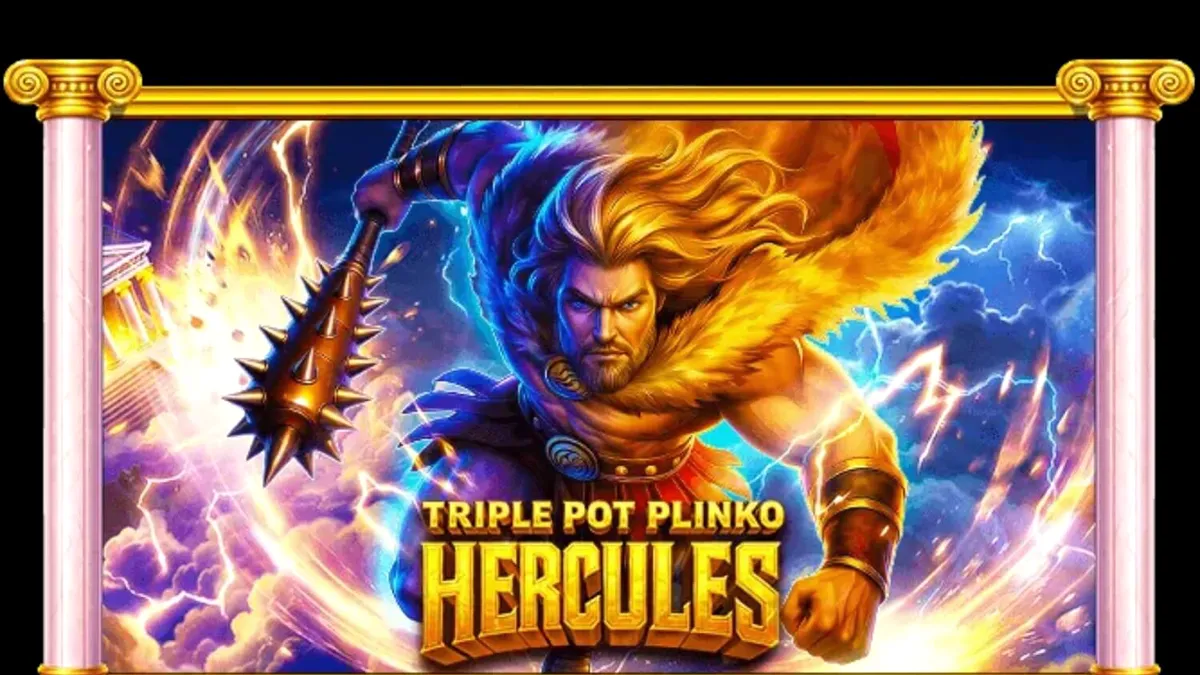 Tampilan visual slot Triple Pot Plinko – Hercules dengan latar belakang Gunung Olympus.