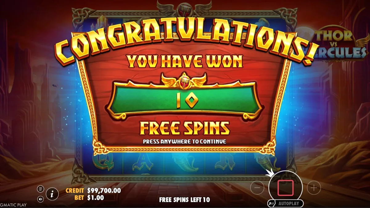Thor vs Hercules slot game screen showing the epic battle between the two mythological heroes