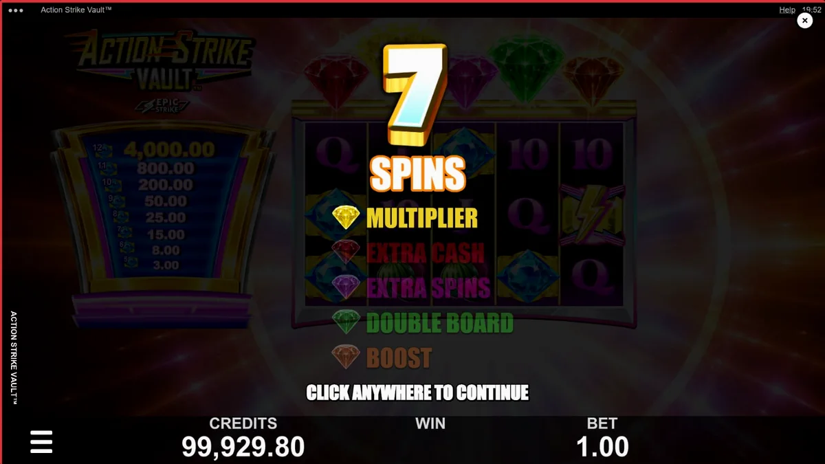 Tampilan layar permainan slot Action Strike Vault dengan latar belakang ruang angkasa dan neon Vegas.