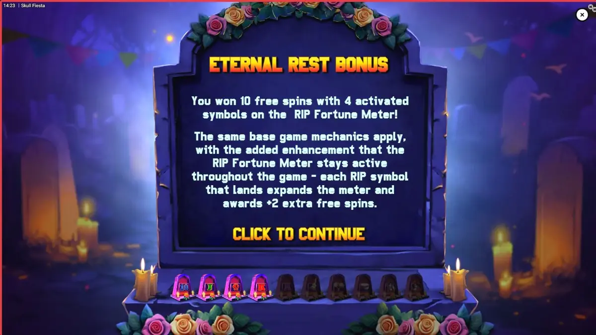 Tampilan visual slot Skull Fiesta dengan tema Day of the Dead yang penuh warna dan tengkorak hias.