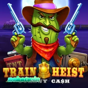 Tampilan visual slot Train Heist Johnny Cash dengan latar belakang kereta api Wild West